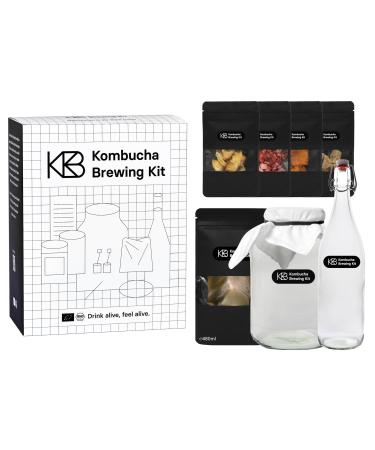 KOMBOSA BREWING KIT XL Bundle Kombucha Starter Set with 2x Bio-Scoby starter culture Kombucha mushroom 4 infusion taste directions with 2x fermentation vessel 2x ironing bottle bio-pipe fold Glasstrohhalm Kombuch Brewing Kit XL Standard Standard