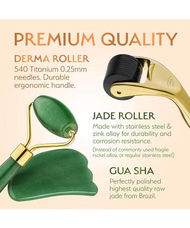 3-in-1 Derma Roller Jade Roller & Gua Sha Set - Safe Microneedling at Home with Titanium & REAL Jade Tools - Buy Online on GoSupps.com