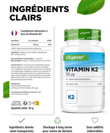 Vitamine K2 MK7-365 comprim s - 200 g par comprim - Teneur en MK-7 m naquinone 99 7% - Haute dose - Sans additif ind sirable - Vegan - Buy Online on GoSupps.com