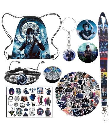 HERONGSHENG Wednesday Addams Merchandise Set, Wednesday Addams Party Favors Include Drawstring Bag, Stickers, Lanyard, Keychains, Bracelet, Button Pins, Phone Holder, Tattoo Sticker