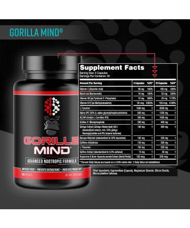 Gorilla Mind Nootropic Formula - 150 Capsules | Best Caffeinated Productivity Supplement for 8+ Hours of Focus & Energy - International Shipping Available - Buy Online on GoSupps.com