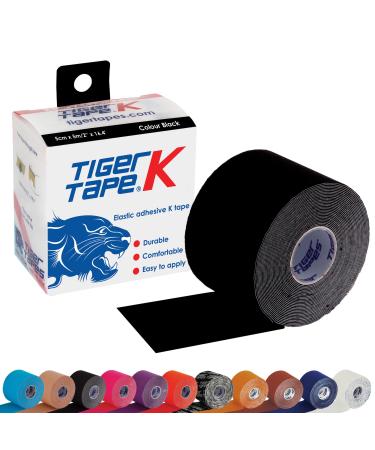 TIGERTAPES - Tiger K Tape (5cm x 5m) - Kinesiology Tape Uncut Roll Elastic Therapeutic Muscle Support Tape for Exercise Sports & Injury Recovery - Water Resistant Breathable Latex Free - Black