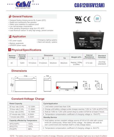 Casil 6V 12Ah Rechargeable Sealed Lead Acid Battery - High-Quality F2 Terminals for International Shipping - Buy Online on GoSupps.com