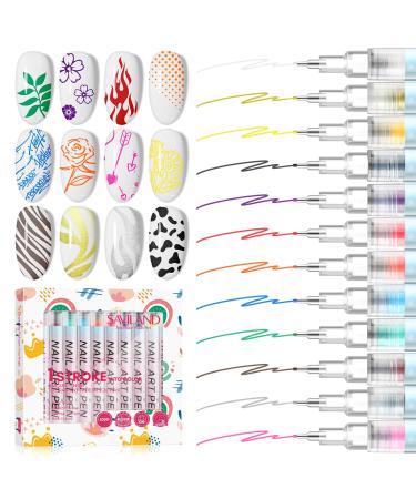 SAVILAND Nail Art Pens Set: 12 Colors 0.5MM 3D Nail Polish Pens Quick Drying Acrylic Paint Nail Art Markers Nail Point Graffiti Dotting Tools Drawing Painting Liner Nail Art Design Pens Home DIY