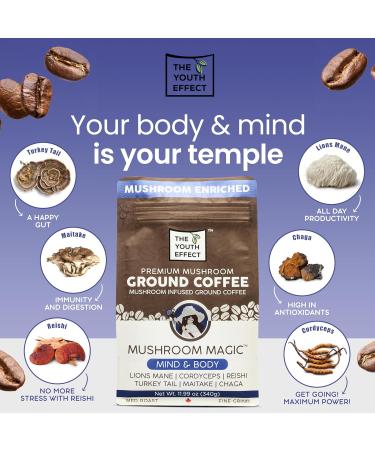 The Youth Effect Think Canadian Ground Mushroom Coffee for better Productivity w/ Organic Cordyceps | Lion's Mane | Reishi | Turkey Tail | Maitake | Chaga Mushrooms Nootropic Mushroom Coffee for better clarity and immune support (Made in Canada 12 oz bag) - Buy Online on GoSupps.com