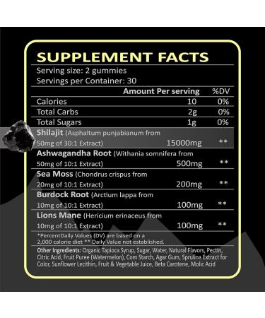 BIZYAC Organic Shilajit Gummies for Men and Women with Sea Moss & Ashwagandha 100% Himalayan Extract with 105+ Trace Minerals Burdock Root & Lion s Mane Vegan Sugar-Free 60 Gummies - Buy Online on GoSupps.com