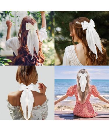 White Hair Bow Hair Bow Hair Bows For Women Simple Large Hair Bow with Long Silky Satin Tail Large Bows 90's Accessories for Party Women Girls - Buy Online on GoSupps.com