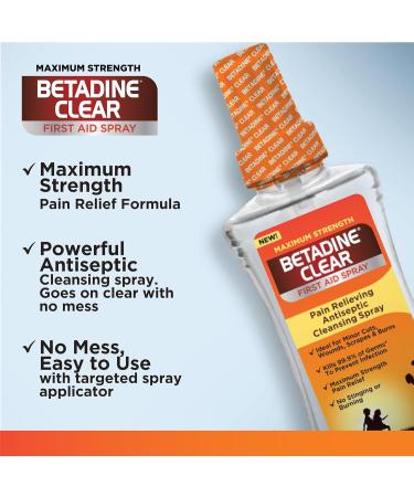 BETADINE Clear First Aid Spray - Max Strength Antiseptic Pain Relief No Stinging Kills 99.9% Germs 6 oz - International Shipping Available - Buy Online on GoSupps.com