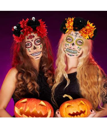 FRCOLOR 2Pcs Day of The Dead Headband with Mexican Flower Crown and Halloween Tattoos - Red and Orange - Buy Online on GoSupps.com