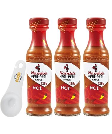 Nando's Hot Peri-Peri Sauce 125g - Pack of 3 Bottles with World Food Shop Scoop - Intense Peri-Peri Heat Handpicked Quality Ingredients