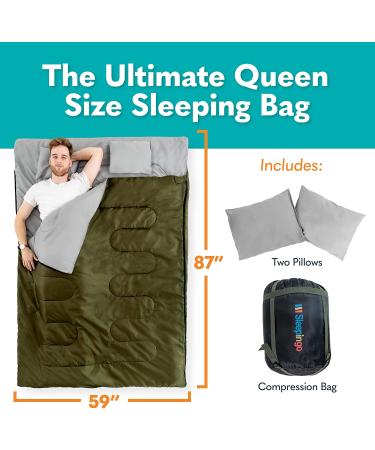 Sleepingo Double Sleeping Bag - Queen Size XL, Cold Weather 2 Person Waterproof Bag for Camping, Backpacking, Hiking - Lightweight & Spacious for Adults, Teens - Ideal for Truck Tent or Sleeping Pad - Buy Online on GoSupps.com