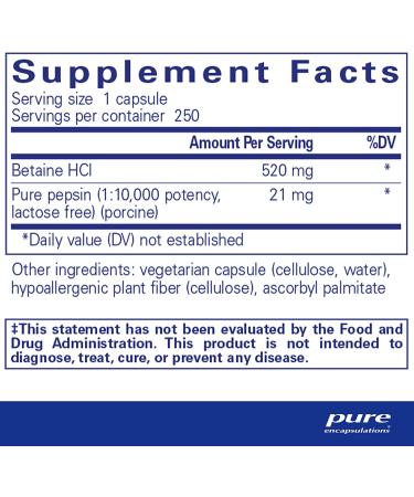 Pure Encapsulations Betaine HCl Pepsin Digestive Enzyme Supplement | 250 Capsules | Supports Stomach Acid Balance and Nutrient Absorption - Buy Online on GoSupps.com
