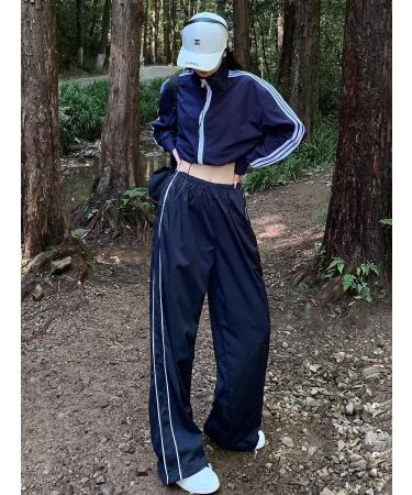 Y2K Navy Blue Wide Leg Track Pants with Piping Detail - Small - Buy Online on GoSupps.com
