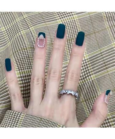 Matte Green Short Press on Nails Square Pearl False Nails Full Cover Heart Stick on Nails for Dating or Daily Wear 24PCS Press-on False Nails