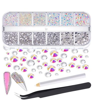 Rhinestones 2000 Pcs Nail Art Gems Clear Rhinestones Crystal AB FlatBack Rinestone Diamonds Tooth Gem with Tweezer for Nails Craft 6 Sizes