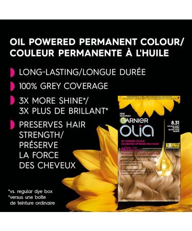 Garnier Olia Permanent Hair Dye Ammonia-Free Hair Color 8.31 Golden Ashy Blonde 100% Grey Coverage Long-Lasting Hair Shine With 60% Oils 1 Application LIGHT / BLONDE SHADES 8.31 Golden Ashy Blond - Buy Online on GoSupps.com