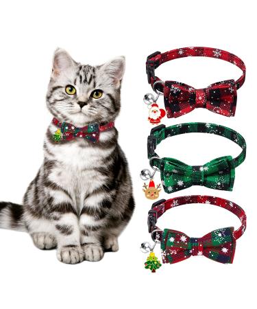 YUJUN 3Pack Christmas Cat Collars Breakaway with Bow tie and Bell Christmas Adjustable Plaid Snowflake Collar Buckle Safety for Puppy Kittens