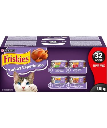 Purina Friskies Turkey Experience Wet Cat Food Super Pack 32 x 156g Cans Brown (44338) & Shredded Wet Cat Food Poultry & Fish Combo Variety Pack 4 Flavours - 156 g Can (32 Pack) Cat Food + Cat Food 32 Pack - Buy Online on GoSupps.com