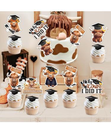 JOYMEMO 24 Pcs Highland Cow Graduation Cupcake Toppers - Brown Holy Cow I Graduated Decorations Double Sided Farm Animal Cow Themed Graduation Cake Decor for Class of 2024 Congrats Grad Party - Buy Online on GoSupps.com