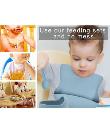 Hoseay 5 Pcs Silicone Baby Weaning Set with Suction Bowl, Plate, Fork, Spoon & Bib - Blue | Baby Led Weaning Feeding Supplies for Kids - Buy Online on GoSupps.com