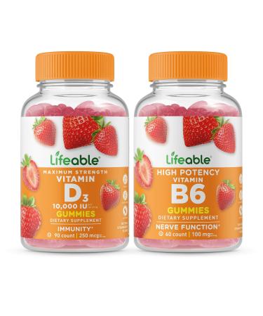Lifeable Vitamin D 10000 IU + Vitamin B6 Gummies Bundle - Great Tasting Vitamin Supplement Gluten Free GMO Free Chewable Gummy