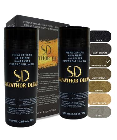 Salvathor Duran Hair Fibres - 2x25g Bottle - Hair Thickening Products for Men - Hair Fibres for Thinning Hair - Hair Thickener Full Kit for Men and Women - Hair Building Fibres Powder (Medium Brown)