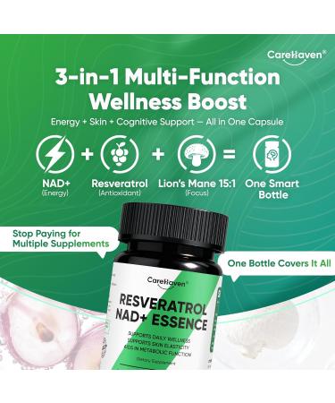 CareHaven NAD+ Resveratrol Essence Capsules - 5mg NAD+ & Lion's Mane Mushroom - Supports Healthy Cell Function & Daily Wellness - 60 Active Dietary Capsules (1PCS) - Buy Online on GoSupps.com