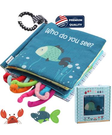 Fish Baby Books 0-6 Months Touch Feel Crinkle Soft Cloth Books Babies Infant Baby Toys 6 to 12 0-3-6-12-18 Months Baby Boy Girl Shower Gifts Box & Teether for Newborn Baby Sensory Stroller Toys Shark