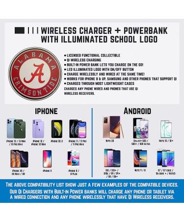University of Alabama Qi Wireless Charger with Illuminated Crimson Tide Logo & Built-in Power Bank for Wired and Wireless Charging. Officially Licensed Collegiate 100% Portable Wireless Phone Charger Alabama Crimson Tide - Buy Online on GoSupps.com