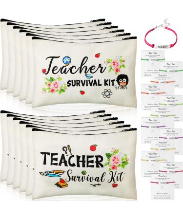 24 Pieces Teacher Appreciation Present Set, 12 Teacher Survival Kit Bag Makeup Pouch Bag, 12 Teacher Blessing Card Bracelet, Teacher Cosmetic Bag Kit for Teacher's Day (Elegant Style,9.1 x 5.9 Inch) Elegant Style 9.1 x 5.9…