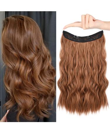 HOOJIH Wire Hair Extensions with 2 Removable Clips 20 Inch Wavy Curly Hair Invisiable Transparent Wire Extensions Hairpieces for Women - Medium Auburn Brown 20 Inch Medium Auburn Brown