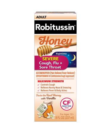 Robitussin Honey Severe Cough Flu & Sore Throat Nighttime Max Syrup Ages 12+ 8 oz