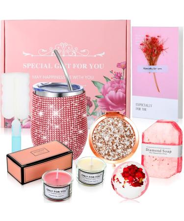 Birthday Gifts for Women Bling Rhinestone Water Bottle Diamond Rhinestone Compact Mirror Relaxing Spa Gift Box Basket for Birthday Bath Set Christmas Gift for Mom Sister Friend Girlfriend Daughter