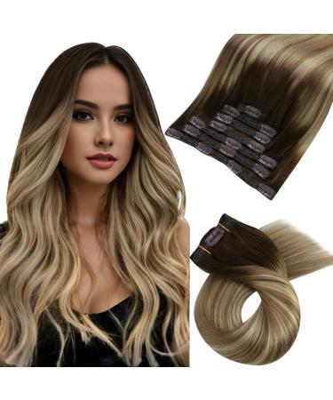 Moresoo Clip Extensions Real Hair Balayage Hair Extension Real Hair Clip In Extensions REAL HAY Extensions Real hair clip double brown to light brown with gold blond #3/8/22 7PCs 120g 40cm #3/8/22