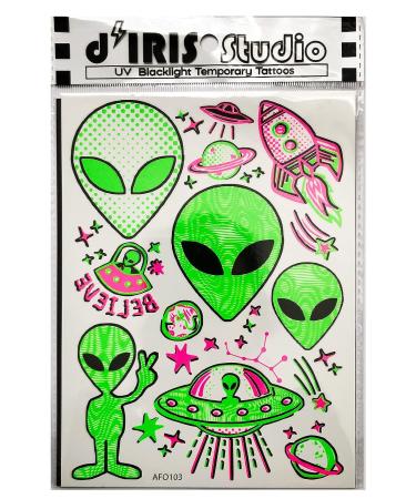 Alien UFO Design UV Reactive Temporary Tattoos - Glow in the Dark Body Art for EDM EDC Rave Parties | Blacklight Festival Accessories - 1 Sheet - Buy Online on GoSupps.com