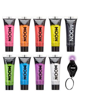 Moon Glow Blacklight Intense Neon UV Face and Body Paint 0.42oz - Set of 9 Tubes - Inc UV Keyring