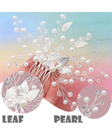 Bride Wedding Hair Comb Sparkly Rhinestone Pearl Bridal Hair Side Combs Slides Crystal Headpieces Bridal Leaf Hair Accessories for Women and Girls (Silver) - Buy Online on GoSupps.com