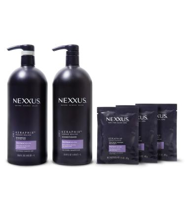 Nexxus Keraphix Shampoo and Conditioner + Repair Treatment Masks for Damaged Hair, Black, 33.8 Fl Oz (2 Count) + 1.5 Oz (3 Count), Total 5 Count (Pack of 1)