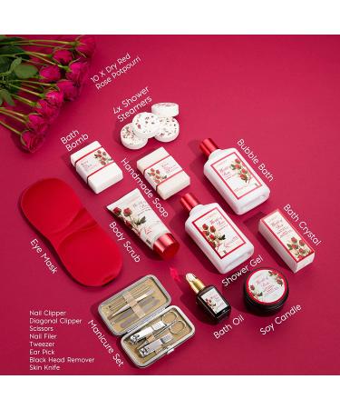 Red Rose Spa Gift Set for Women - 35 Piece Stress Relief Kit for Thank You, Birthday, Mom, Christmas - Nail Care, Body Scrub, Bubble Bath, Bath Bomb & More - Buy Online on GoSupps.com