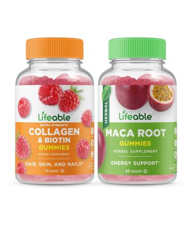 Lifeable Collagen & Biotin + Moringa Leaf Gummies Bundle - Great Tasting Vitamin Supplement Gluten Free GMO Free Chewable Gummy
