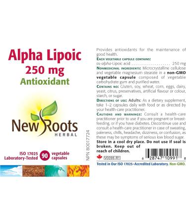 New Roots Herbal - Alpha Lipoic Acid 250mg 60 Capsules - Provides Antioxidants for the Maintenance of Good Health - Buy Online on GoSupps.com