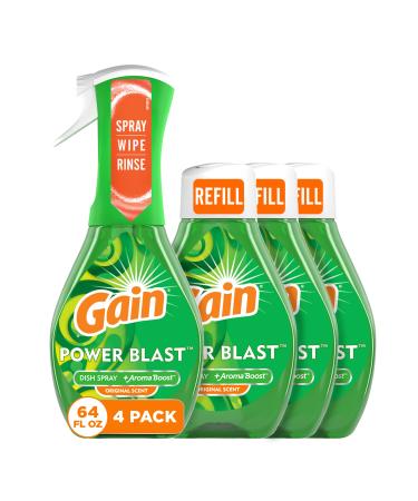 Gain Powerblast Dish Spray, Dish Soap, Original Scent Bundle, 1 Spray (16oz) + 3 Refills (16oz each)