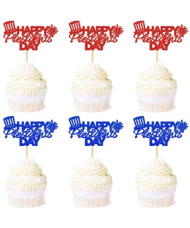 Ercadio 24 Pack Happy Presidents Day Cupcake Toppers Red Blue Glitter President Cupcake Picks America Cupcake Toppers for American Patriotic Theme Party Cake Decoration Supplies