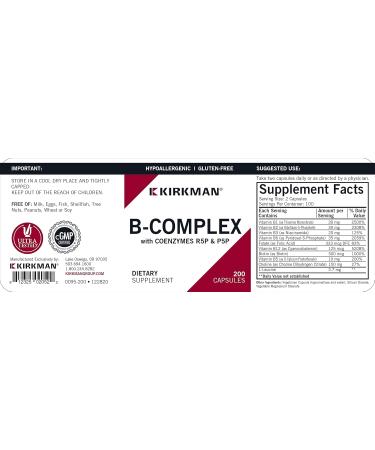Kirkman B-Complex with CoEnzymes R5P & P5P - Hypoallergenic - 200 Vegetarian Capsules - Buy Online on GoSupps.com