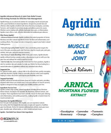 Agridin Arnica Pain Relief Cream for Joint & Muscle Extra Strength Fast-Acting Formula Targets Back Knee Neck Hand Foot Aches Natural Massage Cream for Inflammation & Bruises - Buy Online on GoSupps.com