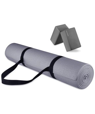 BalanceFrom All Purpose 1/4-Inch High Density Anti-Tear Exercise Yoga Mat with Carrying Strap Gray Mat And Yoga Blocks