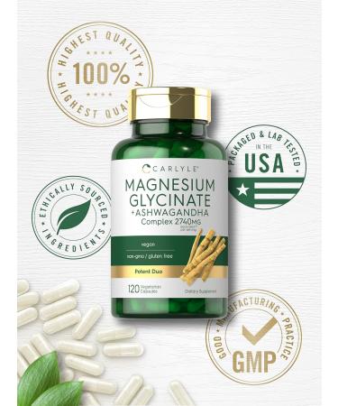 Carlyle Magnesium Glycinate with Ashwagandha | 120 Vegetarian Capsules | Potent Duo | Non-GMO and Gluten Free Supplement - Buy Online on GoSupps.com