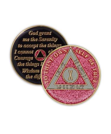 10 Year Sobriety Coin | Glitter Triplate AA Chip Recovery Anniversary Token (Pink)