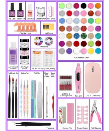 Professional Acrylic Nail Kit for Beginners - 42 Colors, Glitter Powder, Monomer Liquid, Drill, UV Light & Bag Case - Buy Online on GoSupps.com