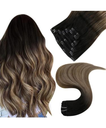 Easyouth Clip in Hair Extensions Balayage Black Clip in Human Hair Ombre Black to Brown and Blonde Clip in Extensions Real Hair 16 Inch 7Pcs 120g 16" 2-7Pcs Clip #1B/6/27
